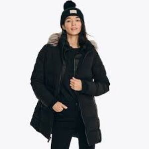 NWT Nautica Puffer Coat XS Black Winter Jacket Detachable Hood Faux Fur Trim